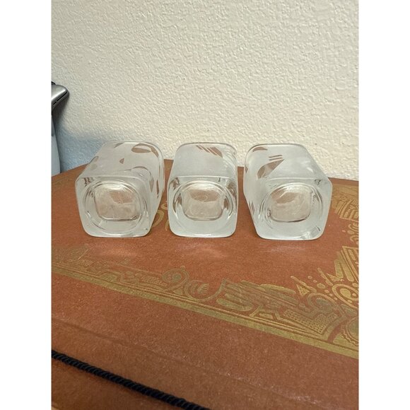 Set Of 3 Frosted Clear Glass Square Votive Candle Holders With Etched Geometric - Picture 8 of 16
